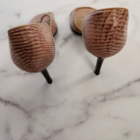 Lauren Ralph Lauren pink mauve reptilian gold bronze trim high heels open peep t - Picture 4 of 4